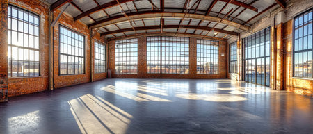 A large, empty warehouse with concrete floors and high ceilings, bathed in natural light from expansive windows, ready for transformation.の素材
