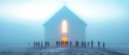 A gathering of people is seen entering and exiting a white church, illuminated by warm light against a backdrop of foggy skies.の素材