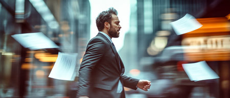 A businessman in a formal suit cries as papers swirl around him on a bustling city street, showcasing his intense frustration.の素材