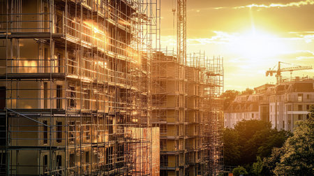 A new UK housing development features houses under construction, glowing in warm golden hour light, showcasing scaffolding and structures.の素材