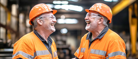 Two middle-aged workers in orange uniforms joyfully exchange words while surrounded by factory equipment.の素材