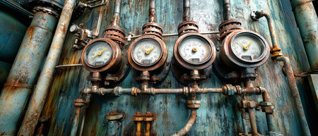 Close-up of a pressure vessel featuring gauges and pipes, showcasing industrial elements and textures in a stylish composition.の素材