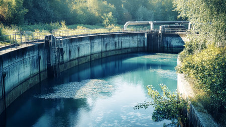 The facility processes wastewater while a crystal-clear river flows through, bordered by vibrant vegetation under bright sunlight.の素材