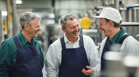 Three joyful workers share laughter and camaraderie while conversing on a busy factory production line.の素材