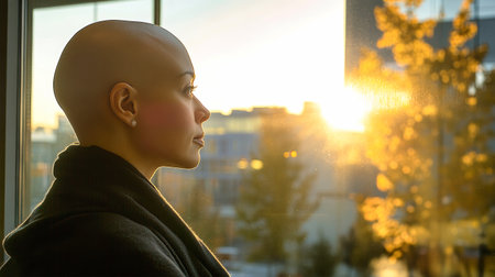 A woman with cancer sits by panoramic windows, reflecting on life as the warm sunset light emphasizes her serene features.の素材