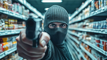 A man in a balaclava threatens with a gun while robbing a grocery store, creating a tense atmosphere in the aisle.の素材