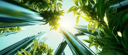 Steel pipes tower above vibrant greenery, illuminated by sunlight on a clear blue day at a green energy power plant.の素材