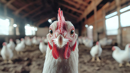 A white chicken gazes directly at the viewer while surrounded by its flock in a well-lit farm building.の素材