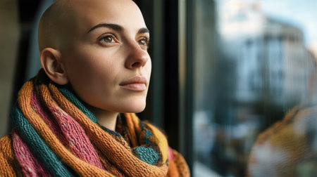 A woman with cancer gazes pensively out of a hospital window, wearing a colorful scarf and sweater following chemotherapy.の素材