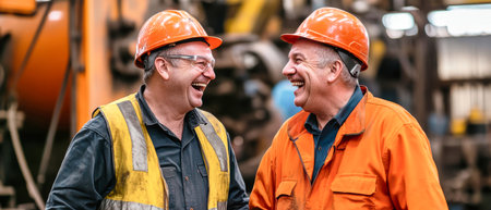 Two middle-aged workers in safety gear enjoy a light-hearted conversation in a factory, showcasing camaraderie and teamwork.の素材