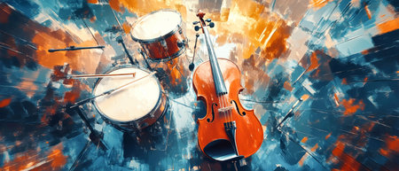 An abstract display of musical instruments in warm colors and geometric shapes evokes creativity and harmony.の素材