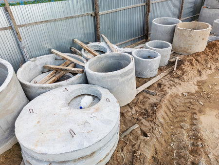 Concrete pipes of various sizes lie on the construction site, surrounded by wood and dirt, indicating ongoing work.の写真素材
