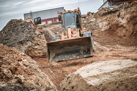 Heavy machinery moves soil and rock at a construction site, laying foundations for future buildings in an urban setting.の写真素材
