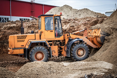 A bulldozer skillfully moves sandy earth at a busy construction site, showcasing its strength and precision.の写真素材