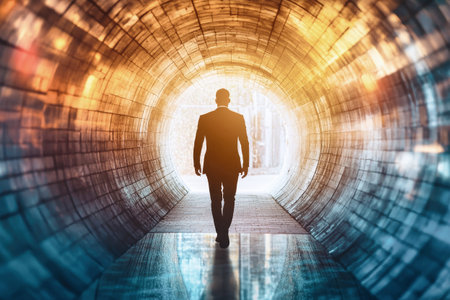 A silhouette of a businessman strides confidently through a tunnel toward a bright light, evoking themes of opportunity and perseverance.の素材