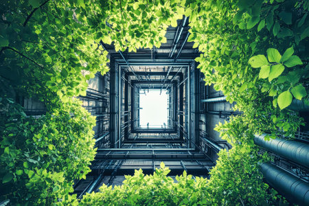 A view from below of a green factory shows nature and industry harmoniously integrated in eco-friendly practices.の素材