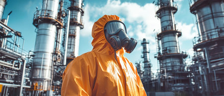 Equipped with a gas mask, a man in an orange suit observes the chemical plant, emphasizing safety in hazardous environments.の素材