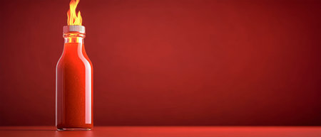A glass bottle filled with hot sauce features flames against a striking red backdrop, emphasizing a bold and minimalist aesthetic.の素材