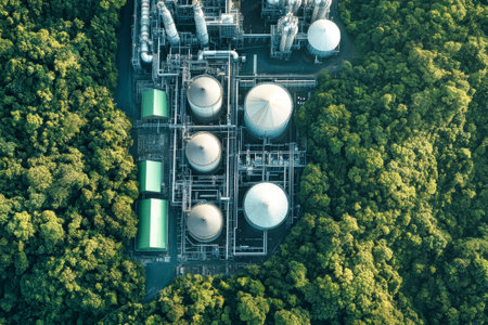 This green energy power plant features large gas tanks and industrial facilities nestled among lush, thriving trees.の素材