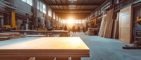 Woodworkers engage in carpentry tasks within a spacious workshop filled with wooden panels and doors, bathed in warm sunlight.の素材