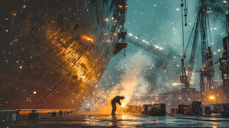 A worker diligently welds steel on a ship in the port, creating sparks against a backdrop of industrial machinery.の素材