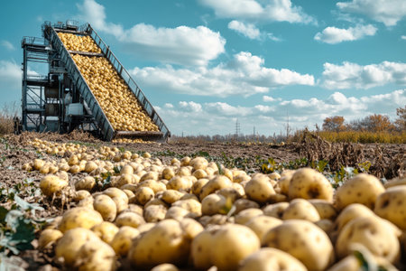 A large industrial machine cleans numerous yellow potatoes in vibrant fields against a clear blue sky, reflecting autumn harvest.の素材