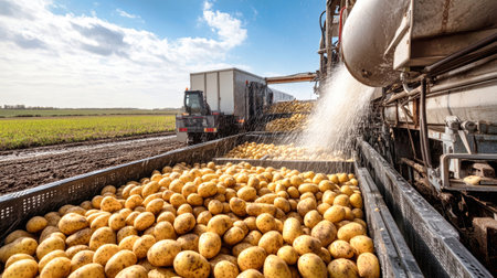 Potatoes are being washed and mixed in a factory with bright sunlight and fields surrounding the area.の素材