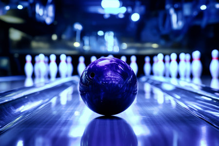 A purple bowling ball collides with pins in a professional bowling alley, creating an energetic atmosphere filled with excitement.の素材