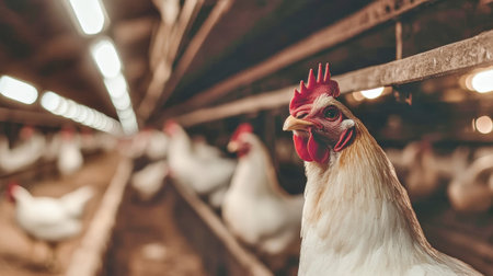 A close-up view of a hen gazing at the camera, set against a blurred background of other chickens in a well-lit farm.の素材