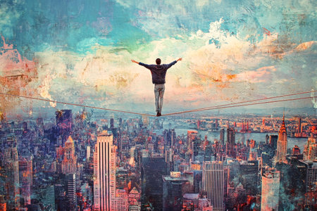 A man balances on a tightrope high above a bustling city, embodying confidence and freedom against a colorful skyline backdrop.の素材