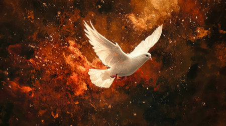 A white dove escapes the dark, surrounded by flames and smoke, symbolizing resilience and hope in a fantastical oil painting style.の素材