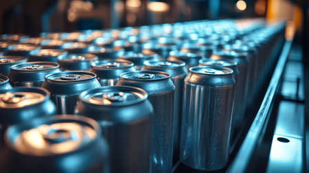 Silver beer cans glide on a conveyor in a busy factory, showcasing efficient production and sleek design.の素材