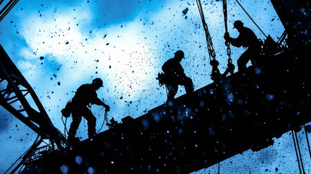 Oil workers are silhouetted at twilight, diligently laboring on a drilling rig in the oil industry.の素材