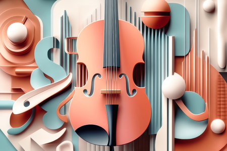 This artwork showcases musical instruments in a vibrant, geometric setting with a retro aesthetic and rich color combination.の素材