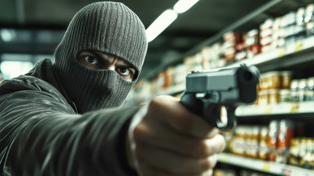 A man in a balaclava brandishes a gun while intimidating customers in a grocery store, showcasing a tense robbery moment.の素材