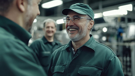 Middle-aged workers at a factory enjoy a lighthearted conversation while wearing uniforms, showcasing camaraderie and teamwork on the production line.の素材