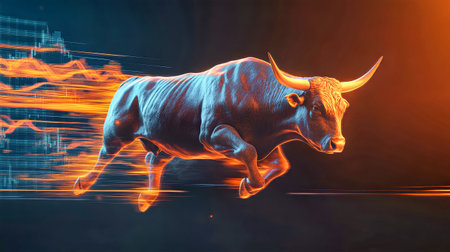 A bull leaps from a trading chart with a dark background and vivid orange and blue highlights, showcasing energy and motion.の素材