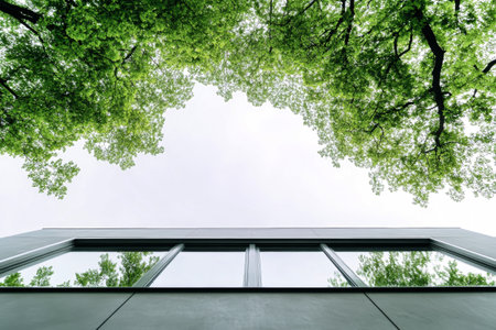 The sleek exterior of a contemporary office building reflects the vibrant greenery of trees overhead in a sustainable environment.の素材