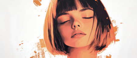 A young woman with short bangs and closed eyes exudes tranquility amid bold colors and striking geometric shapes.の素材