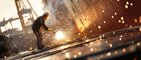 A welder uses a welding machine on the deck of a cargo ship, sparks flying around in the busy shipyard during construction.の素材