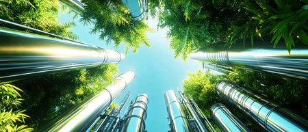 A green energy plant features shiny steel pipes rising above vibrant greenery against a bright blue sky on a sunny day.の素材