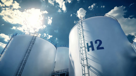 Hydrogen storage tanks stand tall at a production plant, illuminated by sunlight under a clear blue sky, showcasing advanced energy solutions.の素材
