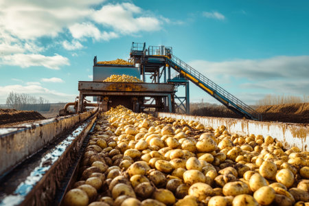 An industrial machine washes freshly harvested potatoes under a clear blue sky with fields extending far away.の素材