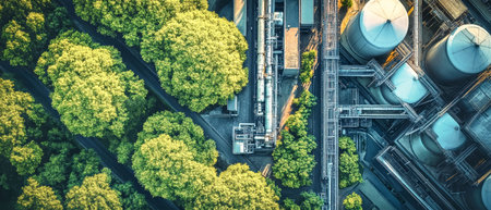 The industrial plant blends with nature, showcasing sustainable practices and green energy tanks amid dense trees.の素材