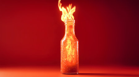 A glass bottle showcases hot sauce with flames rising prominently, set against a bold red background, highlighting its sleek design and rustic charm.の素材