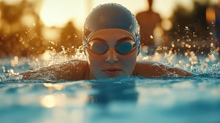 A swimmer with a cap and goggles executes the butterfly stroke in an outdoor pool during golden hour, surrounded by splashes.の素材