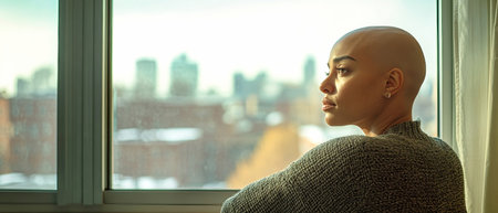In a hospital room, a bald woman sits, looking out at the cityscape, her expression filled with hope as soft light brightens her surroundings.の素材