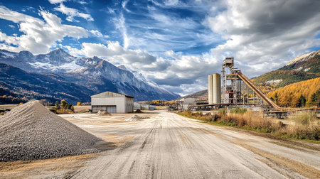 A sand and stone processing facility sits next to a dirt road, with mountains and colorful clouds creating a striking backdrop.の素材