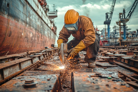 A skilled worker uses a cutting torch to shape metal in a busy shipyard, illuminating the industrial scene with sparks.の素材