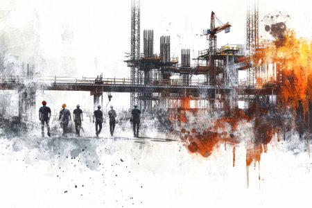 A team of architects and engineers explores a modern industrial construction site, visualizing the future urban development.の素材